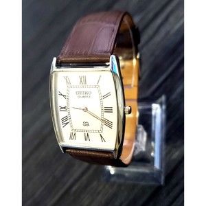 RARE NOS Seiko Men Barrel Tank White Roman Dial Brown Leather band‎ Dres…